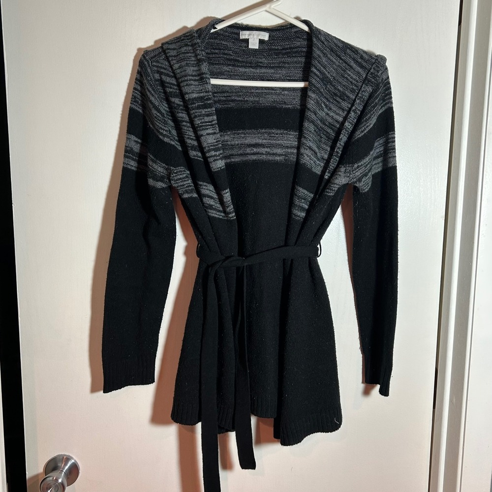 New York & Company Womens Small Black Grey Striped Hooded Belted‎ Cardigan